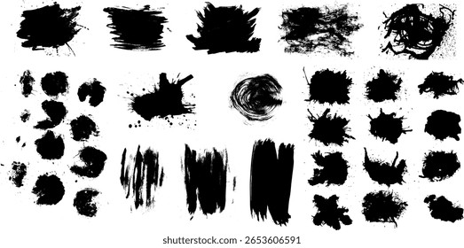 Collection of high-contrast black brush, ink splatters textures with various abstract stains, drips, and blot effects. Abstract grunge design element is for versatile design use, dirty texture.