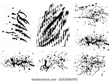 Collection of high-contrast black brush, ink splatters textures with various abstract stains, drips, and blot effects. Abstract grunge design element is for versatile design use, dirty texture.