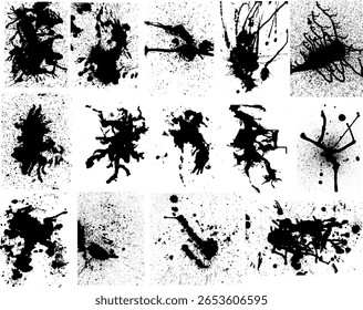 Collection of high-contrast black brush, ink splatters textures with various abstract stains, drips, and blot effects. Abstract grunge design element is for versatile design use, dirty texture.