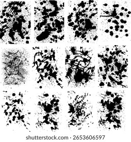 Collection of high-contrast black brush, ink splatters textures with various abstract stains, drips, and blot effects. Abstract grunge design element is for versatile design use, dirty texture.