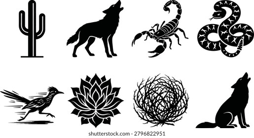 A collection of high-contrast black and white vector icons representing south-western desert animals and arid flora. This versatile silhouette set is perfect for outdoor branding, wild west logos, travel promotions, and adventure-themed merchandise.