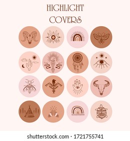 Collection of highlight covers with boho and tribal elements, dreamcatcher, birds, animals skull, esoteric elements, insect and plants. Minimalist objects one line style. Editable Vector Illustration.