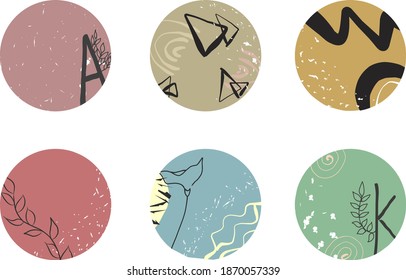 Collection of highlight story covers for social media. Round vector backgroungs, elements and icons with abstract shapes, strips, lines, floral details, leaves, texture. Pastel trendy colors.