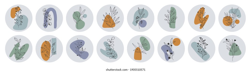 Collection of highlight story covers for social media. Pastel hand drawn backgrounds. Round elements and icons with dots, abstract shapes, lines, floral details, texture for your blog or website.