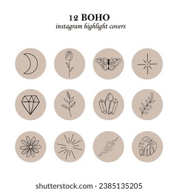 Collection of highlights covers. Different boho outline elements. Round icons. Moon, flowers, diamond, stars, butterfly, snake. Esoteric theme. Hand drawn vector design