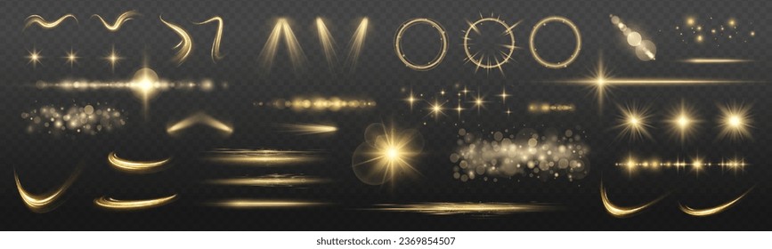 Collection of highlights, stars and rays of light with luminous swirling and spiraling particles on a transparent background. Flying star effect.