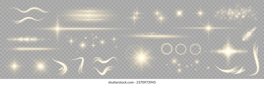 Collection of highlights, stars and rays of light with luminous swirling and spiraling particles on a transparent background. Flying star effect.