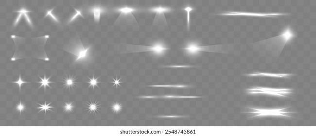 Coleção de realces, estrelas e raios de luz com turbilhão luminoso e partículas espiraladas em um fundo transparente. Efeito de estrela voadora.	