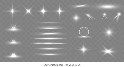 Collection of highlights, stars and rays of light with luminous swirling and spiraling particles on a transparent background. Flying star effect.	