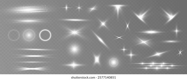 Collection of highlights, stars and rays of light with luminous swirling and spiraling particles on a transparent background. Light effect, star, flare, sparkle set.