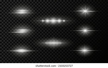 Colección de elementos destacados, estrellas y rayos sobre un fondo oscuro y transparente.Elementos para la escena nocturna. Rayos de luz con partículas luminosas. Ilustración vectorial. EPS 10