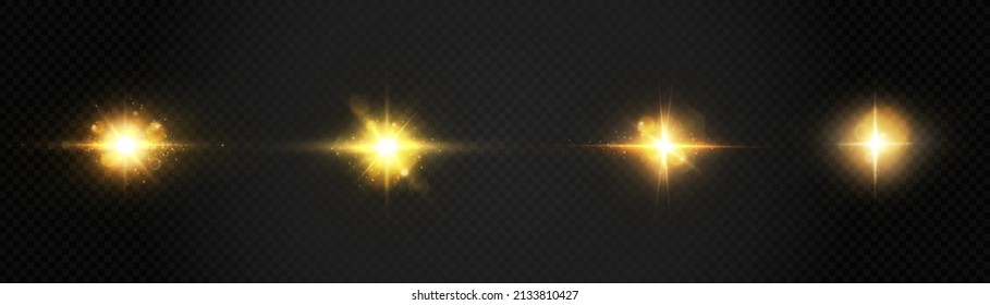 Kollektion von Highlights, Sternen und Strahlen auf dunkel transparentem Hintergrund. Flying star-Effekt. Elemente der Nachtszene. Lichtstrahlen mit leuchtenden Partikeln. Vektorgrafik