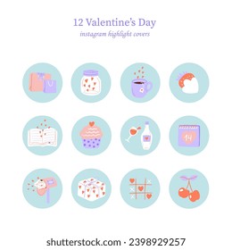 Collection of highlights for valentine's day. Set of love round stickers with presents, tea, strawberry, cake, vine, candy and calendar. 14's february. Cartoon style. Hand drawn vector illustration