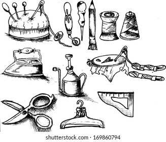 collection of highly detailed hand drawn sewing and knitting tools