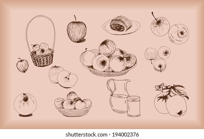 Collection of highly detailed hand drawn apples.