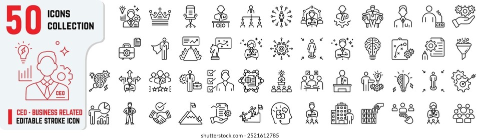 A collection of high-quality CEO and business-related icons also includes communications, strategy presentations, business reports, and management. CEO Editable Stroke Icon