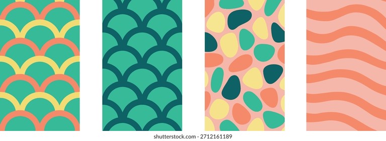 Colección de patrones geométricos de alta calidad con una estética abstracta moderna. Paletas de colores vibrantes con Formas, líneas y texturas simétricas. Aspectos versátiles de diseño ideales para embalajes de lujo, textiles, Sitio web, fondos y proyectos digitales creativos. Diseñados como archivos de Vector totalmente editables, estos patrones permiten una escala infinita sin pérdida de calidad. Todos los colores son 100% personalizables, lo que le da un control total para que coincida con los lineamientos específicos de su marca o visión creativa.
