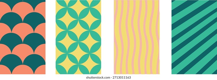 Colección de patrones geométricos de alta calidad con una estética abstracta moderna. Paletas de colores vibrantes con Formas, líneas y texturas simétricas. Aspectos versátiles de diseño ideales para embalajes de lujo, textiles, Sitio web, fondos y proyectos digitales creativos. Diseñados como archivos de Vector totalmente editables, estos patrones permiten una escala infinita sin pérdida de calidad. Todos los colores son 100% personalizables, lo que le da un control total para que coincida con los lineamientos específicos de su marca o visión creativa.