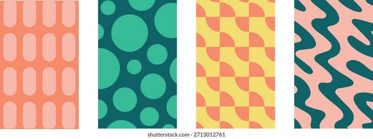 Colección de patrones geométricos de alta calidad con una estética abstracta moderna. Paletas de colores vibrantes con Formas, líneas y texturas simétricas. Aspectos versátiles de diseño ideales para embalajes de lujo, textiles, Sitio web, fondos y proyectos digitales creativos. Diseñados como archivos de Vector totalmente editables, estos patrones permiten una escala infinita sin pérdida de calidad. Todos los colores son 100% personalizables, lo que le da un control total para que coincida con los lineamientos específicos de su marca o visión creativa.