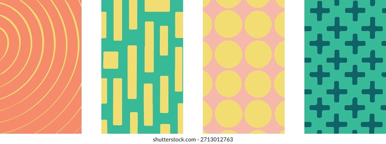 Colección de patrones geométricos de alta calidad con una estética abstracta moderna. Paletas de colores vibrantes con Formas, líneas y texturas simétricas. Aspectos versátiles de diseño ideales para embalajes de lujo, textiles, Sitio web, fondos y proyectos digitales creativos. Diseñados como archivos de Vector totalmente editables, estos patrones permiten una escala infinita sin pérdida de calidad. Todos los colores son 100% personalizables, lo que le da un control total para que coincida con los lineamientos específicos de su marca o visión creativa.