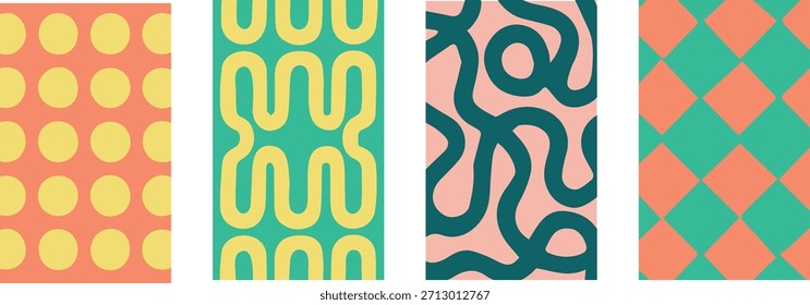 Collection of high-quality geometric patterns with a modern abstract aesthetic. Vibrant color palettes featuring symmetrical shapes, lines, and textures. Versatile design assets ideal for luxury packaging, textile, website,  backgrounds, and creative digital projects. Crafted as fully editable vector files, these patterns allow for infinite scaling without loss of quality. All colors are 100% customizable, giving you total control to match your specific brand guidelines or creative vision.