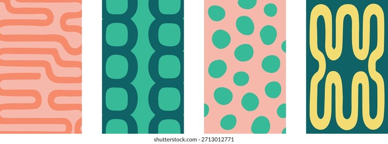 Colección de patrones geométricos de alta calidad con una estética abstracta moderna. Paletas de colores vibrantes con Formas, líneas y texturas simétricas. Aspectos versátiles de diseño ideales para embalajes de lujo, textiles, Sitio web, fondos y proyectos digitales creativos. Diseñados como archivos de Vector totalmente editables, estos patrones permiten una escala infinita sin pérdida de calidad. Todos los colores son 100% personalizables, lo que le da un control total para que coincida con los lineamientos específicos de su marca o visión creativa.