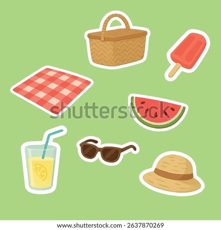 A collection of high-quality hand-drawn illustrations featuring essential picnic items: a checkered blanket, wicker basket, slice of watermelon, lemonade with straw, sun hat, sunglasses
