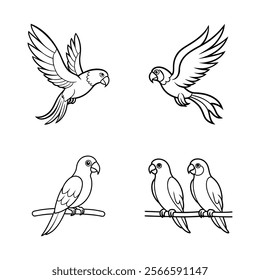 A collection of high-quality hand-drawn parrot line art illustrations featuring parrots in flight, perched on branches, and in pairs, perfect for coloring books, design projects, and creative artworks