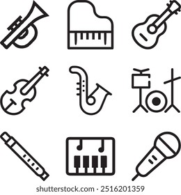 A collection of high-quality music instrument icons featuring a variety of popular instruments, including saxophone, piano, violin, flute, drumset, keyboard, microphone, and trumpet