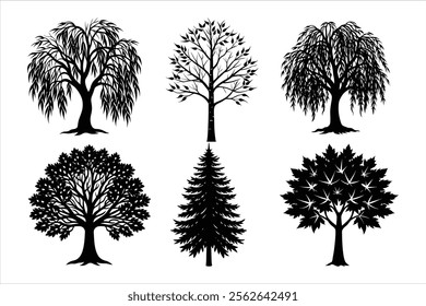 A collection of high-quality tree silhouette vector illustrations featuring various shapes and styles. Perfect for nature-themed designs, backgrounds, logos, or creative projects. Fully scalable and 