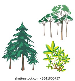 A collection of high-quality tree vector illustrations featuring a variety of tree types including leafy trees, evergreen pines, and stylized plant designs. Perfect for use in landscape scenes,