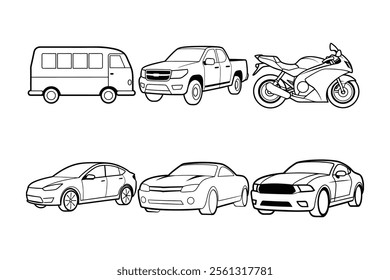 A collection of high-quality vehicle line art vector illustrations, featuring cars, trucks, motorcycles, and more. Perfect for graphic design, branding, posters, and digital projects. Easily customize