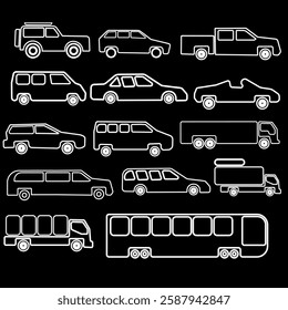 A collection of high-quality vehicle silhouettes, including cars, trucks, motorcycles, and more. Perfect for design projects, branding, posters, and digital art. Available in vector format.