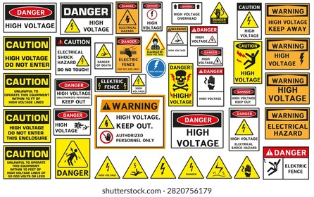 A collection of high-voltage warning signs. A set of labels warning of the danger of electric shock. EPS 10.