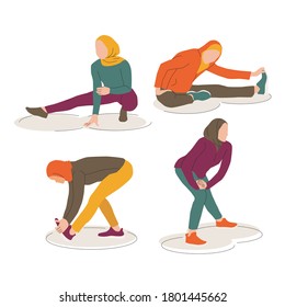 Collection of Hijab Woman Doing Stretching Before Workout in Simple Flat Vector. Arabian Female Muslim Stay Fit with Sports Illustration Concept.