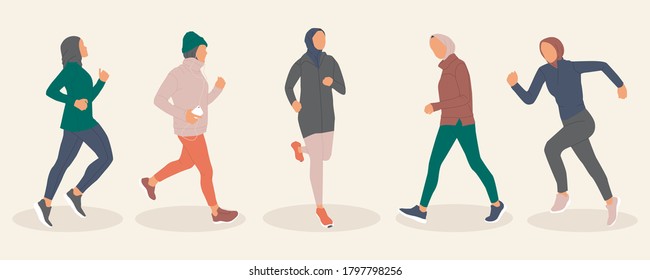 Collection of Hijab Woman Jogging in Simple Flat Vector. Arabian Muslim Healthy Lifestyle with Sports Illustration Concept.