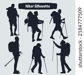 Collection of Hiker in mountains silhouettes in different poses