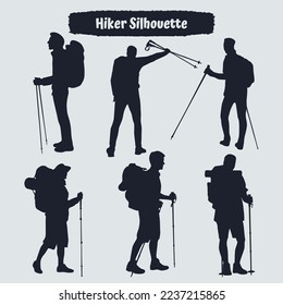 Collection of Hiker in mountains silhouettes in different poses