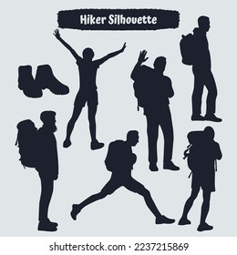 Collection of Hiker in mountains silhouettes in different poses