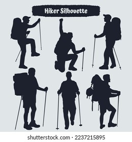 Collection of Hiker in mountains silhouettes in different poses