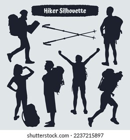 Collection of Hiker in mountains silhouettes in different poses