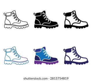 Collection of hiking boot icons. Durable, sturdy footwear designed for outdoor adventures, trekking, and exploration. Shoes for hiking and walking in nature.