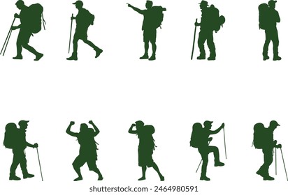 Collection Hiking in Mountains Man Silhouettes In Different Pose Set