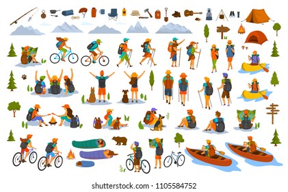 collection of hiking trekking people. young man woman couple hikers travel outdoors with mountain bikes kayaks camping, search location on map, sightseeing discover nature. isolated graphics set