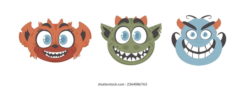 Collection of hilarious and wacky monster expressions . Cartoon style.