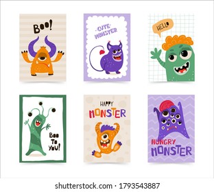Collection hildren's posters with funny monster in cartoon style. Cute concept with lettering for kids print. Illustration for the design postcard, textiles, apparel. Vector