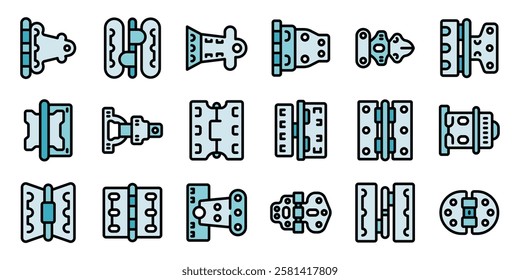 Collection of hinge icons representing diverse types, suitable for carpentry, door hardware, and construction related projects