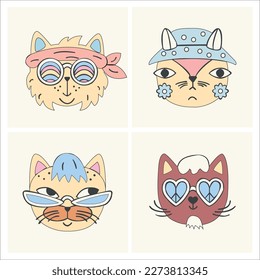 Colección de gatos hippies. Cuatro gatos hippies. Ilustración del vector EPS10