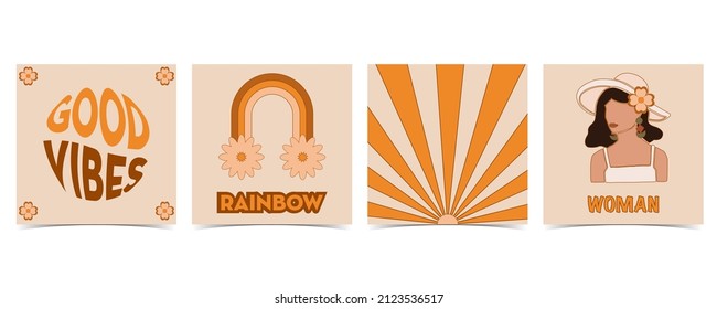 Collection of hippie design with orange flower,sun,rainbow for social media