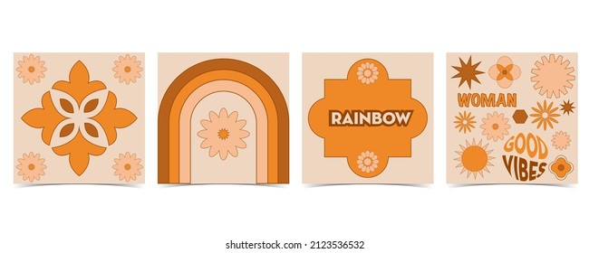Collection of hippie design with orange flower,sun,rainbow for social media